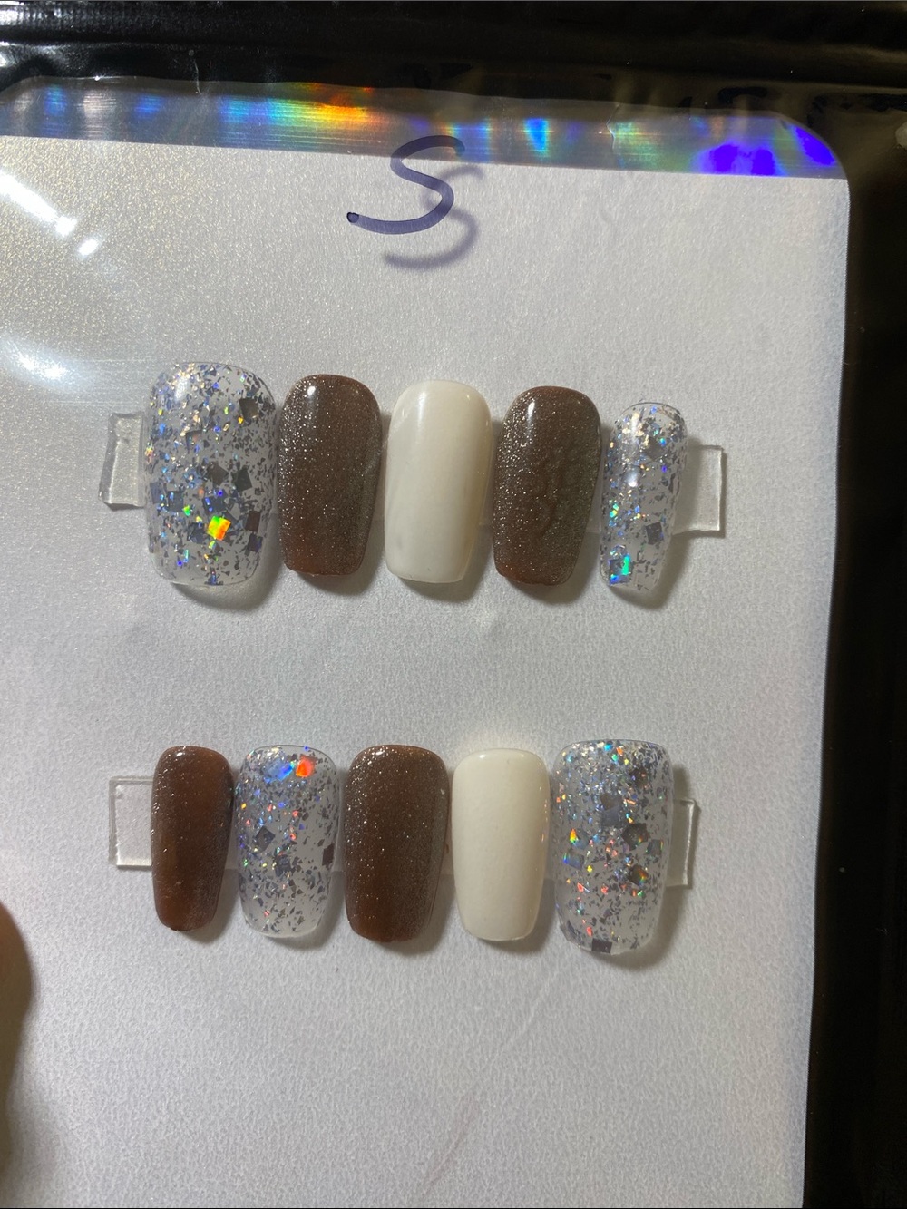 Neutral Brown, White & Holographic Glitter Press-On Nail Set